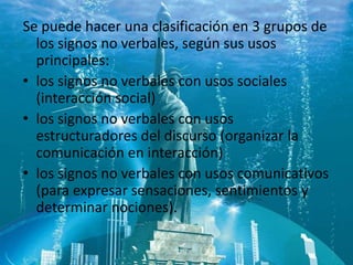Se puede hacer una clasificación en 3 grupos de
  los signos no verbales, según sus usos
  principales:
• los signos no verbales con usos sociales
  (interacción social)
• los signos no verbales con usos
  estructuradores del discurso (organizar la
  comunicación en interacción)
• los signos no verbales con usos comunicativos
  (para expresar sensaciones, sentimientos y
  determinar nociones).
 