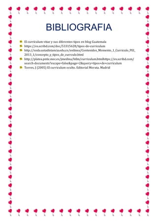 BIBLIOGRAFIA
El currículum vitae y sus diferentes tipos en blog Guatemala
https://es.scribd.com/doc/53315628/tipos-de-curriculum
http://soda.ustadistancia.edu.co/enlinea/Contenidos_Momento_1_Curriculo_PEI_
2013_1/concepto_y_tipos_de_currculo.html
http://platea.pntic.mec.es/jmedina/htlm/curriculum.htmlhttps://es.scribd.com/
search-documents?escape=false&page=2&query=tipos+de+curriculum
Torres, J (2005) El curriculum oculto. Editorial Morata. Madrid
 