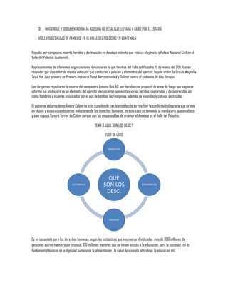 3) INVESTIGUE Y DOCUMENTACION: AL ACCCION DE DESALOJO LLEVADA A CABO POR EL ESTADO.

     VIOLENTO DESALOJO DE FAMILIAS EN EL VALLE DEL POLOCHIC EN GUATEMALA


Repudio por campesino muerto, heridos y destrucción en desalojo violento que realiza el ejército y Policía Nacional Civil en el
Valle del Polochic Guatemala.

Representantes de diferentes organizaciones denunciaron lo que familias del Valle del Polochic 15 de marzo del 2011, fueron
rodeadas por alrededor de treinta vehículos que conducían a policías y elementos del ejército, bajo la orden de Úrsula Magnolia
Teyul Yat Juez primero de Primera Instancia Penal Narcoactividad y Delitos contra el Ambiente de Alta Verapaz.

Los dirigentes repudiaron la muerte del compañero Antonio Beb AC, por heridas con proyectil de arma de fuego que según se
informó fue un disparo de un elemento del ejército, denunciaron que existen varios heridos, capturados y desaparecidos así
como hombres y mujeres intoxicados por el uso de bombas lacrimógenas, además de viviendas y cultivos destruidos.

El gobierno del presidente Álvaro Colom no está cumpliendo con lo establecido de resolver la conflictividad agraria que se vive
en el país y esta causando serios violaciones de los derechos humanos, en este caso se demanda al mandatario guatemalteco
y a su esposa Sandra Torres de Colom porque son los responsables de ordenar el desalojo en el Valle del Polochic.

                                                 TEMA 8 ¿QUE SON LOS DESC.?

                                                         FLOR DE LOTO


                                                           DRERECHOS




                                                          QUE
                               CULTURALES               SON LOS                       ECONOMICOS

                                                         DESC.



                                                            SOCIALES




Es un escandalo para los derechos humanos según las estdisticas que nos marca el indicador, mas de 800 millones de
personas sufran malnutricion cronica , 100 millones menores que no tienen acceso a la educacion, para la sociedad civi lo
fundamental basicas en la dignidad humana es la alimentacion , la salud, la vivienda, el trabajo, la educacion etc.
 