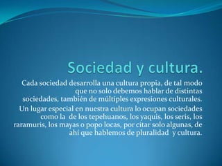 Sociedad y cultura.Cada sociedad desarrolla una cultura propia, de tal modo que no solo debemos hablar de distintas sociedades, también de múltiples expresiones culturales.Un lugar especial en nuestra cultura lo ocupan sociedades como la  de los tepehuanos, los yaquis, los seris, los raramuris, los mayas o popo locas, por citar solo algunas, de ahí que hablemos de pluralidad  y cultura.