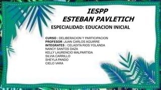IESPP
ESTEBAN PAVLETICH
ESPECIALIDAD: EDUCACION INICIAL
CURSO : DELIBERACION Y PARTICIPACION
PROFESOR :JUAN CARLOS AGUIRRE
INTEGRATES : CELADITA RIOS YOLANDA
NANCY SANTOS DAZA
KELLY LAURENCIO MALPARTIDA
SILVIA CARRILLO
SHEYLA PANDO
CIELO VARA
 