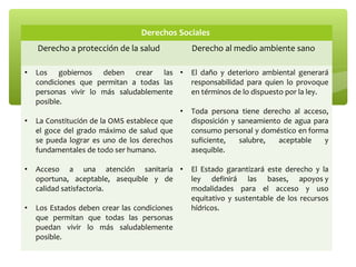 Derechos Sociales
Derecho a protección de la salud Derecho al medio ambiente sano
• Los gobiernos deben crear las
condiciones que permitan a todas las
personas vivir lo más saludablemente
posible.
• La Constitución de la OMS establece que
el goce del grado máximo de salud que
se pueda lograr es uno de los derechos
fundamentales de todo ser humano.
• Acceso a una atención sanitaria
oportuna, aceptable, asequible y de
calidad satisfactoria.
• Los Estados deben crear las condiciones
que permitan que todas las personas
puedan vivir lo más saludablemente
posible.
• El daño y deterioro ambiental generará
responsabilidad para quien lo provoque
en términos de lo dispuesto por la ley.
• Toda persona tiene derecho al acceso,
disposición y saneamiento de agua para
consumo personal y doméstico en forma
suficiente, salubre, aceptable y
asequible.
• El Estado garantizará este derecho y la
ley definirá las bases, apoyos y
modalidades para el acceso y uso
equitativo y sustentable de los recursos
hídricos.
 