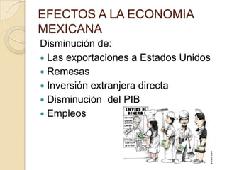 EFECTOS A LA ECONOMIA
MEXICANA
Disminución de:
 Las exportaciones a Estados Unidos
 Remesas
 Inversión extranjera directa
 Disminución del PIB
 Empleos
 