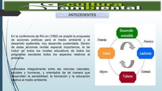 ANTECEDENTES
En la conferencia de Río en (1992) se aceptó la propuesta
de acciones políticas para el medio ambiente y el
desarrollo sostenible, hoy desarrollo sustentable. Dentro
de estas acciones reviste especial importancia, la de
incluir en todos los niveles educativos de todos los
programas escolares todos los aspectos relativos al
ambiente.
enfocados integralmente entre las ciencias naturales,
sociales y humanas, y orientados de tal manera que
desarrollen la sensibilidad, la formación y la educación
relativa al medio ambiente.
 