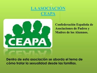 32

              LA ASOCIACIÓN
                  CEAPA

                               Confederación Española de
                               Asociaciones de Padres y
                               Madres de los Alumnos.




Dentro de esta asociación se aborda el tema de
cómo tratar la sexualidad desde las familias.
 