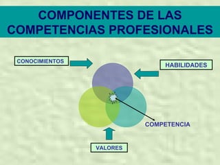 COMPONENTES DE LAS COMPETENCIAS PROFESIONALES CONOCIMIENTOS HABILIDADES VALORES COMPETENCIA 