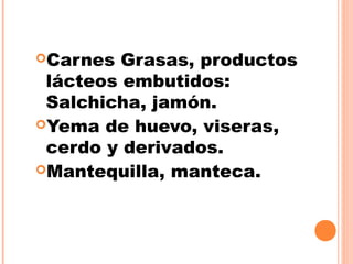 Carnes Grasas, productos
lácteos embutidos:
Salchicha, jamón.
Yema de huevo, viseras,
cerdo y derivados.
Mantequilla, manteca.
 
