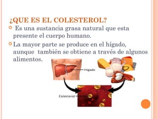 ¿QUE ES EL COLESTEROL?
 Es una sustancia grasa natural que esta
presente el cuerpo humano.
 La mayor parte se produce en el hígado,
aunque también se obtiene a través de algunos
alimentos.
 