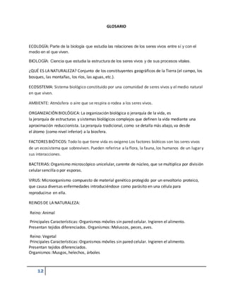 12
GLOSARIO
ECOLOGÍA: Parte de la biología que estudia las relaciones de los seres vivos entre sí y con el
medio en el que viven.
BIOLOGÍA: Ciencia que estudia la estructura de los seres vivos y de sus procesos vitales.
¿QUÉ ES LA NATURALEZA? Conjunto de los constituyentes geográficos de la Tierra (el campo, los
bosques, las montañas, los ríos, las aguas, etc.).
ECOSISTEMA: Sistema biológico constituido por una comunidad de seres vivos y el medio natural
en que viven.
AMBIENTE: Atmósfera o aire que se respira o rodea a los seres vivos.
ORGANIZACIÓN BIOLÓGICA: La organización biológica o jerarquía de la vida, es
la jerarquía de estructuras y sistemas biológicos complejos que definen la vida mediante una
aproximación reduccionista. La jerarquía tradicional, como se detalla más abajo, va desde
el átomo (como nivel inferior) a la biosfera.
FACTORES BIÓTICOS: Todo lo que tiene vida es oxigeno Los factores bióticos son los seres vivos
de un ecosistema que sobreviven. Pueden referirse a la flora, la fauna, los humanos de un lugar y
sus interacciones.
BACTERIAS: Organismo microscópico unicelular, carente de núcleo, que se multiplica por división
celular sencilla o por esporas.
VIRUS: Microorganismo compuesto de material genético protegido por un envoltorio proteico,
que causa diversas enfermedades introduciéndose como parásito en una célula para
reproducirse en ella.
REINOS DE LA NATURALEZA:
Reino: Animal
Principales Características: Organismos móviles sin pared celular. Ingieren el alimento.
Presentan tejidos diferenciados. Organismos: Moluscos, peces, aves.
Reino: Vegetal
Principales Características: Organismos móviles sin pared celular. Ingieren el alimento.
Presentan tejidos diferenciados.
Organismos: Musgos, helechos, árboles
 
