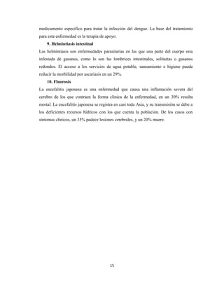 medicamento específico para tratar la infección del dengue. La base del tratamiento
para esta enfermedad es la terapia de apoyo.
9. Helmintiasis intestinal
Las helmintiasis son enfermedades parasitarias en las que una parte del cuerpo esta
infestada de gusanos, como lo son las lombrices intestinales, solitarias o gusanos
redondos. El acceso a los servicios de agua potable, saneamiento e higiene puede
reducir la morbilidad por ascariasis en un 29%.
10. Fluorosis
La encefalitis japonesa es una enfermedad que causa una inflamación severa del
cerebro de los que contraen la forma clínica de la enfermedad, en un 30% resulta
mortal. La encefalitis japonesa se registra en casi toda Asia, y su transmisión se debe a
los deficientes recursos hídricos con los que cuenta la población. De los casos con
síntomas clínicos, un 35% padece lesiones cerebrales, y un 20% muere.
15
 