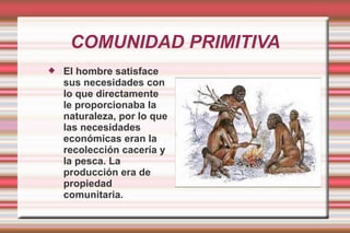 COMUNIDAD PRIMITIVA El hombre satisface sus necesidades con lo que directamente le proporcionaba la naturaleza, por lo que las necesidades económicas eran la recolección cacería y la pesca. La producción era de propiedad  comunitaria. 