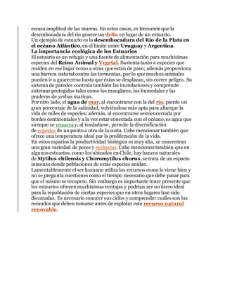 escasa amplitud de las mareas. En estos casos, es frecuente que la
desembocadura del río genere un delta en lugar de un estuario.
Un ejemplo de estuario es la desembocadura del Río de la Plata en
el océano Atlántico, en el límite entre Uruguay y Argentina.
La importancia ecológica de los Estuarios
El estuario es un refugio y una fuente de alimentación para muchísimas
especies del Reino Animal y Vegetal. Sustenta tanto a especies que
residen en ese lugar como a otras que están de paso; además proporciona
una barrera natural contra las tormentas, por lo que muchos animales
pueden ir a guarecerse hasta que éstas se desplazan, sin correr peligro. Su
sistema de paredes controla también las inundaciones y comprende
sistemas protegidos tales como los manglares, los humedales y las
praderas de yerbas marinas.
Por otro lado, el agua de mar, al encontrarse con la del río, pierde un
gran porcentaje de la salinidad, volviéndose más apta para albergar la
vida de miles de especies; además, al encontrarse semiencerrada por
bordes continentales y a la vez estar conectada con el océano, es agua que
siempre se renueva y, al trasladarse, permite la diversificación
de especies de un punto a otro de la costa. Cabe mencionar también que
ofrece una temperatura ideal par la proliferación de la vida.
En estos espacios la productividad biológica es muy alta, se concentran
una gran variedad de peces y moluscos. Cabe mencionartambién que en
algunos estuarios, como los ubicados en Chile, hay bancos naturales
de Mytilus chilensis y Choromytilus chorus, se trata de un espacio
inmenso donde poblaciones de estas especies anidan.
Lamentablemente el ser humano utiliza los recursos como le viene bien y
no se pregunta cuestiones como el tiempo necesario que debe pasar para
que el mismo se recupere. Sin embargo es importante tener presente que
los estuarios ofrecen muchísimas ventajas y podrían ser un útero ideal
para la repoblación de ciertas especies que en otros lugares han sido
diezmadas. Es necesario conocer sus ciclos y comprender cuáles son los
recaudos que deben tomarse antes de explotar este recurso natural
renovable.
 