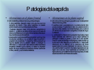 Patologías de la espalda Alteraciones en el plano frontal   Dentro de este bloque destacamos las siguientes patologías:  Actitud escoliótica: desviación lateral de la columna que no se acompaña de rotación. Esta actitud escoliótica no presenta contraindicación para la práctica de actividad física.  Escoliosis: desviación lateral de la columna, acompañada de rotación. La debilidad asimétrica de los músculos intrínsecos del dorso o una diferencia en la longitud de los miembros inferiores son algunas de las causas de la escolosis.        no se encuentran evidencias científicas para pensar que ningún tipo de actividad, asimétrica o no, aumente el riesgo de aparición o progresión de una escoliosis. Tampoco hay datos que apoyen que algunos deportes como la natación mejoren o prevengan la deformidad. Un estudio de Pastor realizado sobre nadadores de competición demostró que la natación no mejora la disposición sagital del raquis, encontrando hipercifosis dorsales, hiperlordosis lumbar y cervical, y acuñamientos vertebrales . Alteraciones en la plano sagital Dentro de las distintas patologías que pueden surgir en este apartado destacamos las siguientes:  Hipercifosis dorsal: se caracteriza por un aumento anormal de la curvatura torácica. Hiperlordosis lumbar: en su estado normal la columna lumbar presenta una lordosis fisiológica, con un valor de 30º extraído de una exploración radiográfica a través del ángulo lumbosacral.         La articulación lumbosacra es la que soporta mayor peso y mayor fuerza cizallante, esto determina que la mayor cantidad de patologías lumbares se generen a nivel de un mal equilibrio muscular o posturas de trabajo no fisiológicas, pueden provocar que la columna lumbar desarrolle una hiperlordosis. A menudo está relacionada con la debilidad de la musculatura del tronco, especialmente de la pared anterolateral del abdomen. Esto a su vez puede favorecer la aparición de procesos degenerativos en esa región de la columna. Esta hiperlordosis se manifiesta en la región pelviana, por la debilidad de los músculos glúteos y el exceso de actividad de la función flexora de la cadera. 