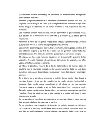 (se alimentan de otros animales) y los omnívoros (se alimentan tanto de vegetales
como de otros animales).
Animales y vegetales obtienen de la naturaleza los elementos básicos para vivir. Los
vegetales utilizan el agua del suelo, que ha llegado hasta allí mediante el riego o las
lluvias. El agua es absorbida por las plantas mediante la raíz, al igual que las sales
minerales.
Los vegetales también necesitan aire, del que aprovechan el gas carbónico (CO2),
que ocupan en la fabricación de su alimento; y el oxígeno (O2), básico para la
respiración.
Asimismo, a través de sus partes verdes (tallos y hojas) captan la energía luminosa
que proviene del Sol, la cual les sirve para producir su alimento.
Los animales beben el agua de los ríos, lagos, riachuelos, rocíos, pozos, etcétera. Del
aire, obtienen oxígeno; y del Sol, luz y calor, que les permiten realizar todas las
actividades diarias. Por último, los alimentos que consumen les brindan energía.
El oxígeno que los seres humanos ocupamos en la respiración, proviene de los
vegetales. A su vez, nosotros entregamos gas carbónico a los vegetales, que ellos
utilizan en la fabricación de su alimento.
La vida en el planeta se renueva día a día, los nacimientos y las muertes están en
equilibrio con la naturaleza (excepto en la especie humana). Cada ser vivo debe
cumplir un ciclo: nacer, desarrollarse, reproducirse y morir. Esto ocurre y ocurrirá por
siempre.
En el interior de la semilla se encuentra el embrión de una planta y ésta llegará a
germinar (crecer) si se dan las condiciones de: suelo húmedo, luminosidad y
cuidados. Esta semilla puede encontrarse en el interior de un fruto carnoso
(manzana, naranja o ciruela) o en un fruto seco (almendras, nueces o maní).
También, existen plantas que no dan semillas, y se reproducen por esporas, como los
helechos. Éstos se esparcen por el aire, gracias a la acción del viento o caen
directamente al suelo.
En los animales no mamíferos, el nuevo ser se encuentra en el interior de un huevo y
éste se desarrolla fuera del cuerpo de la hembra.
En los mamíferos, como nosotros, el desarrollo del embrión se realiza en el interior
del cuerpo de la hembra y es ahí donde termina de completar su primera etapa de
vida. Una vez salido del vientre materno, el nuevo ser necesita de los cuidados de su
 