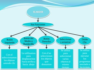 Botón
Izquierdo
Botón del
Medio o
Ruedecilla
Botón
Derecho
Seleccionar
y arrastrar
Con el
seleccionamos
los objetos
asiendo clic
Lo utilizamos
para
desplazarnos
hacia arriba y
hacia abajo
Con el se
seleccionan
los objetos
que
deseamos
Se utiliza
para
seleccionar
varios
objetos al
mismo
tiempo
Sus Funciones
Doble
Clic
Se utiliza
para
ejecutar
los
programas
asociado a
los iconos
 