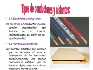 
1.1 Materiales conductores.
Un material es conductor cuando
pueden desempeñar esa
función en un circuito,
independiente del valor de su
conductividad.

1.2 Materiales aislantes:
Los cuerpos aislantes son aquellos
que no permiten el paso e
intercambio de los electrones
periféricos,siendo sus átomos
normalmente estables, por lo
tanto no dejan pasar la corriente
eléctrica a través de ellos.
 