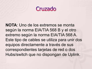 CruzadoNOTA: Uno de los extremos se monta según la norma EIA/TIA 568 B y el otro extremo según la norma EIA/TIA 568 A. Este tipo de cables se utiliza para unir dos equipos directamente a través de sus correspondientes tarjetas de red o dos Hubs/switch que no dispongan de Uplink. 
