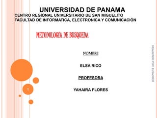 UNIVERSIDAD DE PANAMA 
CENTRO REGIONAL UNIVERSITARIO DE SAN MIGUELITO 
FACULTAD DE INFORMATICA, ELECTRONICA Y COMUNICACIÓN 
NOMBRE 
ELSA RICO 
PROFESORA 
YAHAIRA FLORES 
REALIZADO POR: ELSA RICO 
1 
METODOLOGÍA DE BUSQUEDA 
 