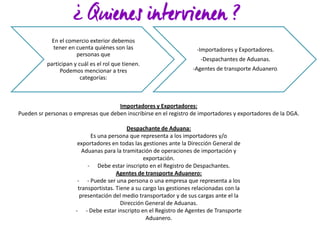 En el comercio exterior debemos
tener en cuenta quiénes son las
personas que

-Importadores y Exportadores.

participan y cuál es el rol que tienen.
Podemos mencionar a tres
categorías:

-Agentes de transporte Aduanero.

-Despachantes de Aduanas.

Importadores y Exportadores:
Pueden sr personas o empresas que deben inscribirse en el registro de importadores y exportadores de la DGA.
Despachante de Aduana:
Es una persona que representa a los importadores y/o
exportadores en todas las gestiones ante la Dirección General de
Aduanas para la tramitación de operaciones de importación y
exportación.
- Debe estar inscripto en el Registro de Despachantes.
Agentes de transporte Aduanero:
- - Puede ser una persona o una empresa que representa a los
transportistas. Tiene a su cargo las gestiones relacionadas con la
presentación del medio transportador y de sus cargas ante el la
Dirección General de Aduanas.
- - Debe estar inscripto en el Registro de Agentes de Transporte
Aduanero.

 