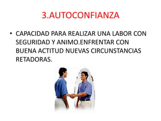 3.AUTOCONFIANZA
• CAPACIDAD PARA REALIZAR UNA LABOR CON
  SEGURIDAD Y ANIMO.ENFRENTAR CON
  BUENA ACTITUD NUEVAS CIRCUNSTANCIAS
  RETADORAS.
 