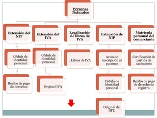 Personas
                                      Naturales




Extensión del                       Legalización                        Matrícula
                 Extensión del                        Extensión de
    NIT                             de libros de                       personal del
                     IVA                                  NIP
                                        IVA                            comerciante




   Cédula de       Cédula de                             Aviso de      Certificación de
   identidad       identidad        . Libros de IVA   inscripción al     partida de
    personal        personal                             patrono         nacimiento




                                                        Cédula de      Recibo de pago
Recibo de pago                                          identidad      de derecho de
 de derechos         Original IVA                        personal         registro




                                                       Original del
                                                          NIT.
 