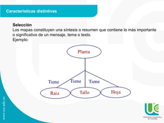 Características distintivas
Selección
Los mapas constituyen una síntesis o resumen que contiene lo más importante
o significativo de un mensaje, tema o texto.
Ejemplo:
 