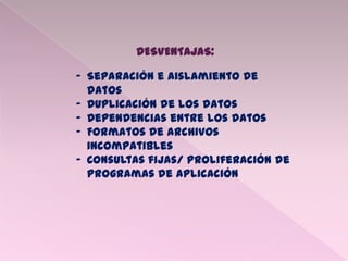 DESVENTAJAS:
- Separación e aislamiento de
datos
- Duplicación de los datos
- Dependencias entre los datos
- Formatos de archivos
incompatibles
- Consultas fijas/ proliferación de
programas de aplicación
 