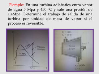 Ejemplo: En una turbina adiabática entra vapor
de agua 5 Mpa y 450 ºC y sale una presión de
1.4Mpa. Determine el trabajo de salida de una
turbina por unidad de masa de vapor si el
proceso es reversible.
 