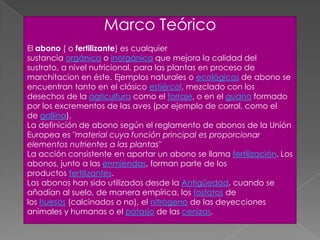 Marco Teórico
El abono ( o fertilizante) es cualquier
sustancia orgánica o inorgánica que mejora la calidad del
sustrato, a nivel nutricional, para las plantas en proceso de
marchitacion en éste. Ejemplos naturales o ecológicos de abono se
encuentran tanto en el clásico estiércol, mezclado con los
desechos de la agricultura como el forraje, o en el guano formado
por los excrementos de las aves (por ejemplo de corral, como el
de gallina).
La definición de abono según el reglamento de abonos de la Unión
Europea es "material cuya función principal es proporcionar
elementos nutrientes a las plantas"
La acción consistente en aportar un abono se llama fertilización. Los
abonos, junto a las enmiendas, forman parte de los
productos fertilizantes.
Los abonos han sido utilizados desde la Antigüedad, cuando se
añadían al suelo, de manera empírica, los fosfatos de
los huesos (calcinados o no), el nitrógeno de las deyecciones
animales y humanas o el potasio de las cenizas.
 