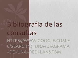 Bibliografia de las
consultas
HTTPS://WWW.GOOGLE.COM.E
C/SEARCH?Q=UNA+DIAGRAMA
+DE+UNA+RED+LAN&TBM
 