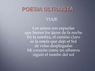 VIAJE

    Los astros son espuelas
que hieren los ijares de la noche
 En la sombra, el camino claro
  es la estela que dejó el Sol
     de velas desplegadas
 Mi corazón como un albatros
    siguió el rumbo del sol
 