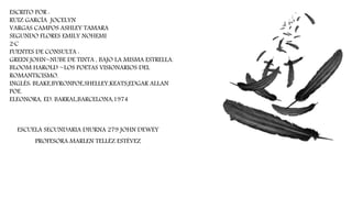 ESCRITO POR :
RUIZ GARCÍA JOCELYN
VARGAS CAMPOS ASHLEY TAMARA
SEGUNDO FLORES EMILY NOHEMI
2·C
FUENTES DE CONSULTA :
GREEN JOHN~NUBE DE TINTA , BAJO LA MISMA ESTRELLA.
BLOOM HAROLD ~LOS POETAS VISIONARIOS DEL
ROMANTICISMO.
INGLÉS: BLAKE,BYRONPOE,SHELLEY,KEATS;EDGAR ALLAN
POE.
ELEONORA, ED. BARRAL,BARCELONA,1974
ESCUELA SECUNDARIA DIURNA 279 JOHN DEWEY
PROFESORA MARLEN TELLÉZ ESTÉVEZ
 
