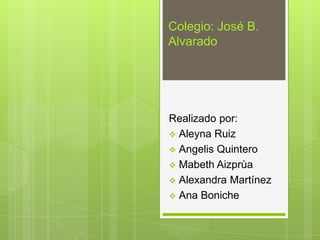 Colegio: José B.
Alvarado

Realizado por:
 Aleyna Ruiz
 Angelis Quintero
 Mabeth Aizprùa
 Alexandra Martínez
 Ana Boniche

 