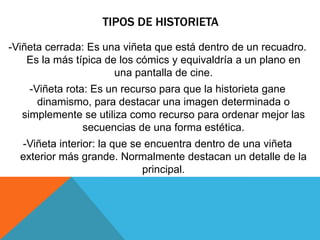 TIPOS DE HISTORIETA
-Viñeta cerrada: Es una viñeta que está dentro de un recuadro.
Es la más típica de los cómics y equivaldría a un plano en
una pantalla de cine.
-Viñeta rota: Es un recurso para que la historieta gane
dinamismo, para destacar una imagen determinada o
simplemente se utiliza como recurso para ordenar mejor las
secuencias de una forma estética.
-Viñeta interior: la que se encuentra dentro de una viñeta
exterior más grande. Normalmente destacan un detalle de la
principal.
 