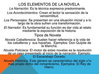 LOS ELEMENTOS DE LA NOVELA
La Narración: Es la técnica expresiva predominante.
Los Acontecimientos: Crean el lector la sensación de la
verosimilitud.
Los Personajes: Se presentan en una situación inicial y a lo
largo de la obra sufren una transformación.
El Narrador: Es fundamental su función es dar vida al relato
mediante la exposición de la historia.
Tipos de Novela
Novela Caballeresca: Suelen hacer referencia a la vida de
los caballeros y sus hazañas. Ejemplos: Don Quijote de
la Mancha.
Novela Policiaca: El motor de estas novelas es la resolución
de un caso presentado al inicio de la narración. Ejemplo:
El Escarabajo Dorado.
Novela Histórica: Este género es característico del siglo x1x
mas propio dicho del romanticismo. Ejemplos: El Rey de
Hierro.
 