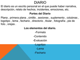 DIARIO
El diario es un escrito personal en el que puede haber narrativa,
descripción, relato de hechos, incidentes, emociones, etc.
Partes del Diario
Plana , primera plana , cintillo , sexiones , suplemento , colubnas ,
logotipo , lema , fechario , directorio , titular , fotografìa , pie de
foto , orejas .
Los elementos del diario.
-Formato
-Contenido
-Evaluación
-Logotipo
-Lema
-Fechario
 