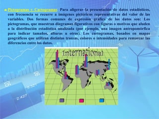 Pictogramas y Cartogramas: Para aligerar la presentación de datos estadísticos,
con frecuencia se recurre a imágenes pictóricas representativas del valor de las
variables. Dos formas comunes de expresión gráfica de los datos son: Los
pictogramas, que muestran diagramas figurativos con figuras o motivos que aluden
a la distribución estadística analizada (por ejemplo, una imagen antropomórfica
para indicar tamaños, alturas u otros). Los cartogramas, basados en mapas
geográficos que utilizan distintas tramas, colores o intensidades para remarcar las
diferencias entre los datos.
 