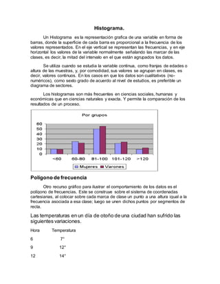 Histograma.
Un Histograma es la representación grafica de una variable en forma de
barras, donde la superficie de cada barra es proporcional a la frecuencia de los
valores representados. En el eje vertical se representan las frecuencias, y en eje
horizontal los valores de la variable normalmente señalando las marcar de las
clases, es decir, la mitad del intervalo en el que están agrupados los datos.
Se utiliza cuando se estudia la variable continua, como franjas de edades o
altura de las muestras, y, por comodidad, sus valores se agrupan en clases, es
decir, valores continuos. En los casos en que los datos son cualitativos (no-
numéricos), como sexto grado de acuerdo al nivel de estudios, es preferible un
diagrama de sectores.
Los histogramas son más frecuentes en ciencias sociales, humanas y
económicas que en ciencias naturales y exacta. Y permite la comparación de los
resultados de un proceso.
Polígono de frecuencia
Otro recurso gráfico para ilustrar el comportamiento de los datos es el
polígono de frecuencias. Este se construye sobre el sistema de coordenadas
cartesianas, al colocar sobre cada marca de clase un punto a una altura igual a la
frecuencia asociada a esa clase; luego se unen dichos puntos por segmentos de
recta.
Las temperaturas en un día de otoño de una ciudad han sufrido las
siguientes variaciones.
Hora Temperatura
6 7°
9 12°
12 14°
 