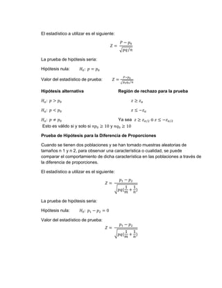 El estadístico a utilizar es el siguiente:
𝑍 =
𝑃 − 𝑝0
√𝑝𝑞 𝑛
⁄
La prueba de hipótesis seria:
Hipótesis nula: 𝐻0: 𝑝 = 𝑝0
Valor del estadístico de prueba: 𝑍 =
𝑃−𝑝0
√𝑝0𝑞0 𝑛
⁄
Hipótesis alternativa Región de rechazo para la prueba
𝐻𝑎: 𝑝 > 𝑝0 𝑧 ≥ 𝑧𝛼
𝐻𝑎: 𝑝 < 𝑝0 𝑧 ≤ −𝑧𝛼
𝐻𝑎: 𝑝 ≠ 𝑝0 Ya sea 𝑧 ≥ 𝑧𝛼/2 o 𝑧 ≤ −𝑧𝛼/2
Esto es válido si y solo si 𝑛𝑝0 ≥ 10 y 𝑛𝑞0 ≥ 10
Prueba de Hipótesis para la Diferencia de Proporciones
Cuando se tienen dos poblaciones y se han tomado muestras aleatorias de
tamaños n 1 y n 2, para observar una característica o cualidad, se puede
comparar el comportamiento de dicha característica en las poblaciones a través de
la diferencia de proporciones.
El estadístico a utilizar es el siguiente:
𝑍 =
𝑝1 − 𝑝2
√𝑝𝑞(
1
𝑚
+
1
𝑛
)
La prueba de hipótesis seria:
Hipótesis nula: 𝐻0: 𝑝1 − 𝑝2 = 0
Valor del estadístico de prueba:
𝑍 =
𝑝1 − 𝑝2
√𝑝𝑞(
1
𝑚
+
1
𝑛
)
 