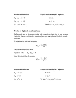 Hipótesis alternativa Región de rechazo para la prueba
𝐻𝑎: 𝑝1 − 𝑝2 > 0 𝑧 ≥ 𝑧𝛼
𝐻𝑎: 𝑝1 − 𝑝2 < 0 𝑧 ≤ −𝑧𝛼
𝐻𝑎: 𝑝1 − 𝑝2 ≠ 0 Ya sea 𝑧 ≥ 𝑧𝛼/2 o 𝑧 ≤ −𝑧𝛼/2
Prueba de Hipótesis para la Varianza
Es frecuente que se desee comprobar si la variación o dispersión de una variable
ha tenido alguna modificación, lo cual se hace con la prueba de hipótesis para la
varianza.
El estadístico a utilizar el siguiente:
𝑋𝑛−1
2
=
(𝑛 − 1)𝑆2
𝜎2
La prueba de hipótesis seria:
Hipótesis nula: 𝐻0: 𝑋𝑛−1
2
= 0
Valor del estadístico de prueba:
𝑋𝑛−1
2
=
(𝑛 − 1)𝑆2
𝜎2
Hipótesis alternativa Región de rechazo para la prueba
𝐻𝑎: 𝜎2
> 0 𝜎2
≥ 𝜎2
𝐻𝑎: 𝜎2
< 0 𝜎2
≤ 𝜎2
𝐻𝑎: 𝜎2
≠ 0 Ya sea 𝜎2
≥ 𝑧𝛼/2 o 𝜎2
≤ 𝑧1−𝛼/2
 