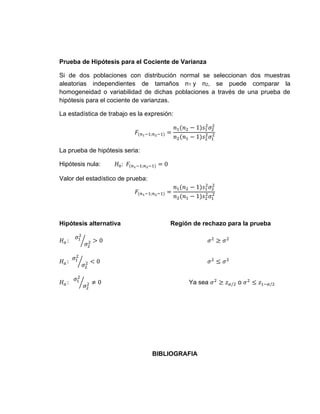 Prueba de Hipótesis para el Cociente de Varianza
Si de dos poblaciones con distribución normal se seleccionan dos muestras
aleatorias independientes de tamaños n1 y n2, se puede comparar la
homogeneidad o variabilidad de dichas poblaciones a través de una prueba de
hipótesis para el cociente de varianzas.
La estadística de trabajo es la expresión:
𝐹(𝑛1−1;𝑛2−1) =
𝑛1(𝑛2 − 1)𝑠1
2
𝜎2
2
𝑛2(𝑛1 − 1)𝑠2
2
𝜎1
2
La prueba de hipótesis seria:
Hipótesis nula: 𝐻0: 𝐹(𝑛1−1;𝑛2−1) = 0
Valor del estadístico de prueba:
𝐹(𝑛1−1;𝑛2−1) =
𝑛1(𝑛2 − 1)𝑠1
2
𝜎2
2
𝑛2(𝑛1 − 1)𝑠2
2
𝜎1
2
Hipótesis alternativa Región de rechazo para la prueba
𝐻𝑎 :
𝜎1
2
𝜎2
2
⁄ > 0 𝜎2
≥ 𝜎2
𝐻𝑎 :
𝜎1
2
𝜎2
2
⁄ < 0 𝜎2
≤ 𝜎2
𝐻𝑎 :
𝜎1
2
𝜎2
2
⁄ ≠ 0 Ya sea 𝜎2
≥ 𝑧𝛼/2 o 𝜎2
≤ 𝑧1−𝛼/2
BIBLIOGRAFIA
 