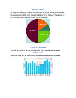 Gráficos Circulares
Se utiliza para representar cualquier tipo de frecuencias aunque generalmente se utiliza
para la frecuencia relativa porcentual. Los datos son representados mediante los sectores
de un círculo, cada sector indica diferentes categorías de las variables y cada Angulo de
los sectores circulares es proporcional al valor de la variable.
Gráficos de cartogramas
Este tipo de grafica nos permite evidenciar datos sobre una superficie geográfica
Gráficos mixtos
Se utilizan varios tipos de gráficos, para distinguir las diferencias entre las series.
 