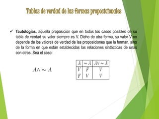  Tautologías. aquella proposición que en todos los casos posibles de su 
tabla de verdad su valor siempre es V. Dicho de otra forma, su valor V no 
depende de los valores de verdad de las proposiciones que la forman, sino 
de la forma en que están establecidas las relaciones sintácticas de unas 
con otras. Sea el caso: 
 