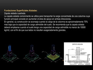 Fundaciones Superficiales Aisladas:
Zapata aislada cuadrada.
La zapata aislada comúnmente se utiliza para transportar la carga concentrada de una columna cuya
función principal consiste en aumentar el área de apoyo en ambas direcciones.
En general, su construcción se aconseja cuando la carga de la columna es aproximadamente 75%
mas baja que la capacidad de carga admisible del suelo. Se recomienda que la zapata aislada
deberá emplearse cuando el suelo tenga una capacidad de carga admisible no menor de 10000
kg/m2, con el fin de que sus lados no resulten exageradamente grandes.
 