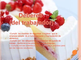 -Cumplir las medidas de seguridad e higiene que la
empresa adopte de el funcionamiento y manipulación de
alimentos.
-Cumplir con las obligaciones concretadas del puesto de
trabajo , conformé a los principios que se estipulan.
- Cumplir con las ordenes e instrucciones de la empresa para
así dar buenos resultados.

 