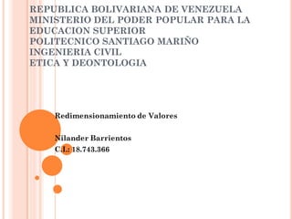 REPUBLICA BOLIVARIANA DE VENEZUELA
MINISTERIO DEL PODER POPULAR PARA LA
EDUCACION SUPERIOR
POLITECNICO SANTIAGO MARIÑO
INGENIERIA CIVIL
ETICA Y DEONTOLOGIA
Redimensionamiento de Valores
Nilander Barrientos
C.I.: 18.743.366
 