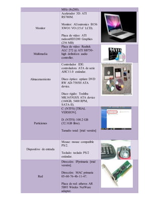 MHz (8x200).
Monitor
Acelerador 3D: ATI
RS780M.
Monitor: AUoutronics B156
XWO1 VO (15.6¨ LCD).
Placa de video: ATI
radeonHD3200 Graphics
(256 MB)
Multimedia
Placa de video: Realtek
ALC 272 @ ATI SB750-
high definition audio
controller.
Almacenamiento
Controlador IDE:
controladora ATA de serie
AHC11.0 estándar.
Disco óptico: optiare DVD
RW AD-7585H ATA
device.
Disco rígido: Toshiba
MK1655GSX ATA device
(160GB, 5400 RPM,
SATA-II).
Particiones
C: (NTFS) [TRIAL
VERSION].
D: (NTFS) 100.2 GB
(32.1GB libre).
Tamaño total: [trial versión]
Dispositivo de entrada
Mouse: mouse compatible
PS/2.
Teclado: teclado PS/2
estándar.
Red
Dirección: IPprimaria [trial
versión].
Dirección: MAC primaria
05-60-76-4b-11-47.
Placa de red: atheros AR
5B93 Wireles NetWare
adapter.
 