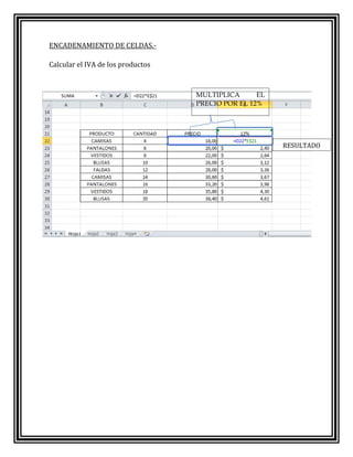 ENCADENAMIENTO DE CELDAS.-

Calcular el IVA de los productos



                                   MULTIPLICA      EL
                                   PRECIO POR EL 12%




                                                        RESULTADO
 