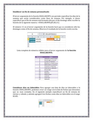 Establecer un fin de semana personalizado 
El tercer argumento de la función DIAS.LAB.INTL nos permite especificar los días de la 
semana que serán considerados como fines de semana. Por ejemplo, si deseo 
especificar que el fin de semana está formado sólo por el día domingo debo escribir la 
función de la siguiente manera: =DIAS.LAB.INTL(B1,B2,11) 
El número 11 en el tercer argumento de la función hará que se consideren sólo los 
domingos como el fin de semana. Observa el resultado de la función recién escrita. 
Lista completa de números válidos para el tercer argumento de la función 
DIAS.LAB.INTL: 
Considerar días no laborables: Para agregar una lista de días no laborables a la 
función DIAS.LAB.INTL podemos crear un rango con la lista de fechas que deseamos 
que no sean contadas. En el siguiente ejemplo especificaré un fin de semana de 
viernes y sábado y además agregaré tres fechas como días no laborables en el rango 
B3:B5: 
 