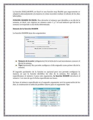 La función DIAS.LAB.INTL en Excel es una función muy flexible que seguramente se 
adaptará adecuadamente a la manera en cómo necesites realizar el cálculo de los días 
laborables. 
FUNCIÓN DIASEM EN EXCEL: Nos devuelve el número que identifica a un día de la 
semana, es decir, nos regresa un número entre 1 y 7 el cual indicará qué día de la 
semana corresponde a una fecha determinada. 
Sintaxis de la función DIASEM 
La función DIASEM tiene dos argumentos 
Número de la serie (obligatorio): Es la fecha de la cual necesitamos conocer el 
día de la semana. 
Tipo (opcional): Nos permite configurar el día asignado como primer día de la 
semana. 
El segundo parámetro de la función es opcional pero nos permite configurar la 
manera en que la función identifica los días de la semana. Por ejemplo, si 
especificamos el número 2 para este argumento, la función DIASEM devolverá el 
número 1 en caso de que la fecha especificada sea lunes. 
En base al número especificado en el segundo argumento será la numeración de los 
días. A continuación la tabla de posibles valores para el argumento Tipo: 
 
